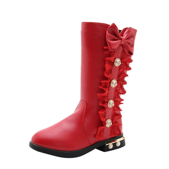 YUNCITY Girls Dress Shoes Kids Baby Princess Shoes Fashion Bowkont Lace Knee Boots Red 5.5-6 Years