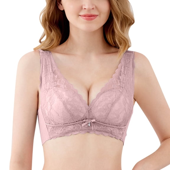 YUNCITY Wireless Bras Women Bra Underwire Bra Lace Floral Bra Unlined Unlined Plus Size Full Coverage Bra Comfy Bra Pink