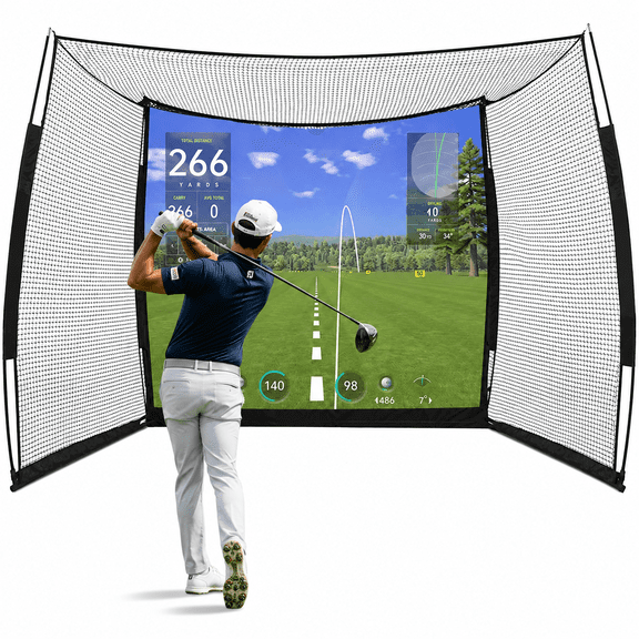 YUNIC 10ft x 8ft Golf Simulator Enclosure with Impact Screen, Indoor Outdoor Golf Practice Net Cage for Home Swing Training