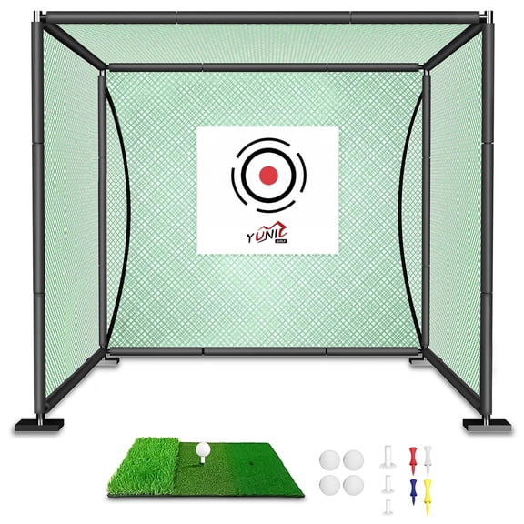 YUNIC Golf Driving Cage, Metal Frame, Green, 10 x 10 x 10 ft, with Hitting Target and Mat