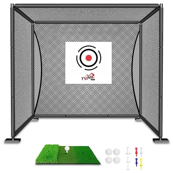 YUNIC Black 10ft×10ft×10ft Golf Driving Cage, Metal Frame with Target Screen & Tri-Turf Mat for Garage Backyard Indoor Outdoor