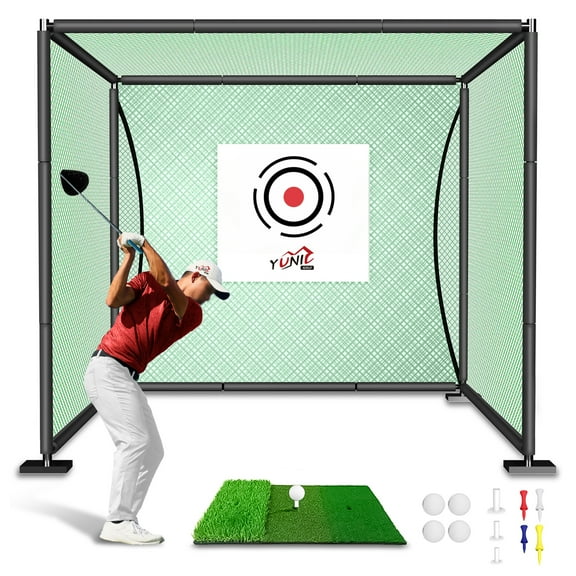 YUNIC Golf Driving Cage Green - Metal Frame with Hitting Target and Hitting Mat