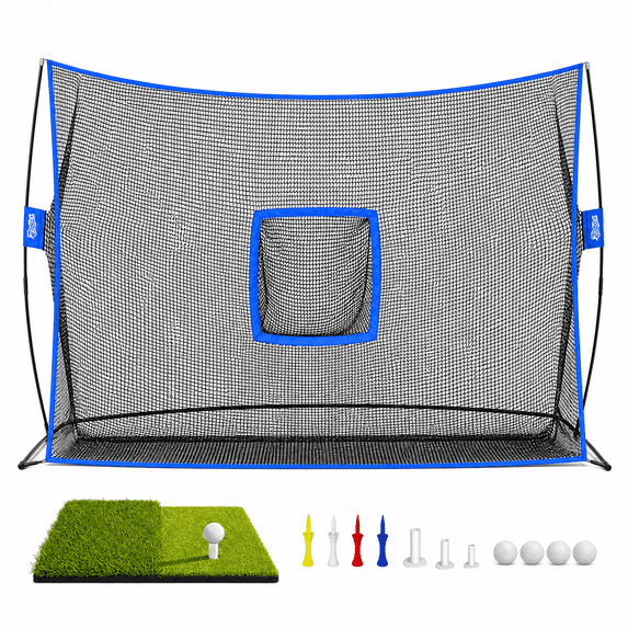 YUNIC Golf Net, 10 ft x 7 ft Golf Practice Net With Tri-Turf Mat and Target Chipping Pocket for Backyard Driving Chipping Swing Training, Indoor & Outdoor Portable Golf Training Aid Net
