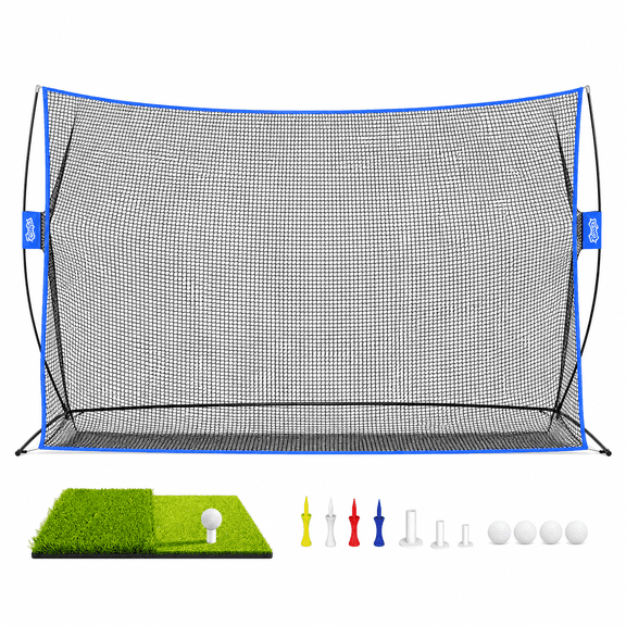 YUNIC 10 ft x 7 ft Golf Practice Hitting Net with Dual Turf Mat, Golf Balls and Tees, Portable Personal Driving Range for Backyard, Indoor, Outdoor Swing Training