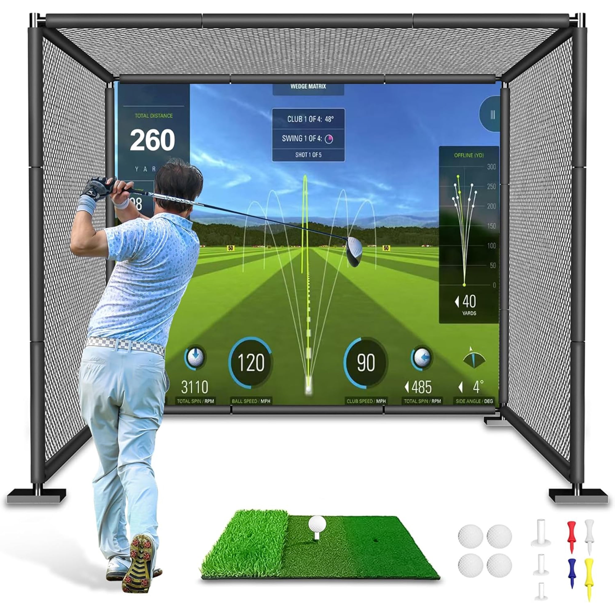 YUNIC, Golf Simulator Impact Cage, Metal Frame Hitting Mat with Screen ...