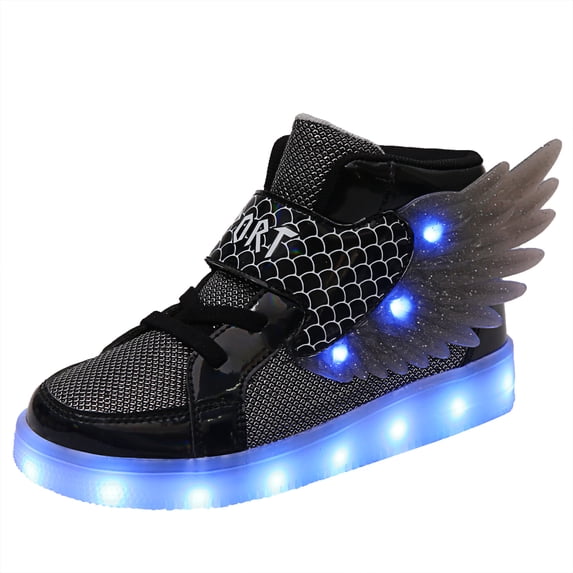 YUNICUS Kids LED Light Up High Top Sneakers for Boys & Girls, USB Rechargeable Flashing Luminous Wings Shoes Lightweight Casual Trainers Black 27