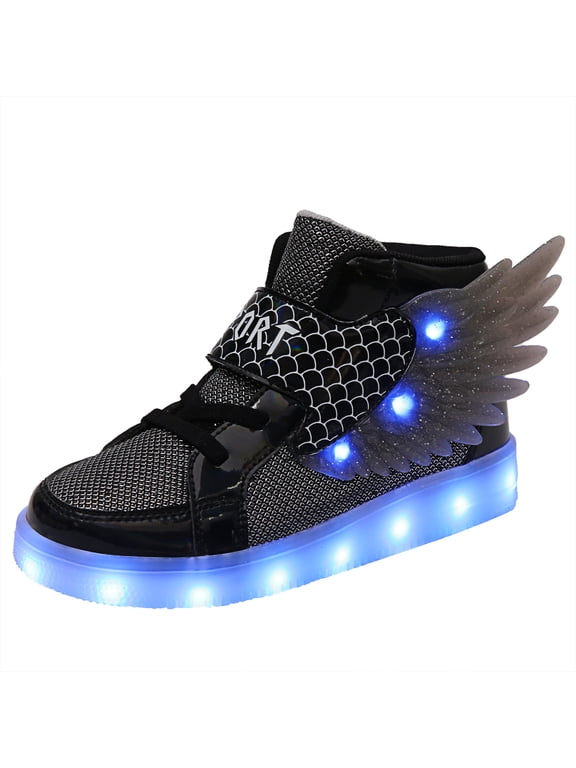Kids USB Rechargeable LED Light Up High Top Wings Sneakers for Boys & Girls Flashing Casual Shoes Black 37