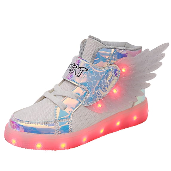 YUNICUS Kids Wings LED Light Up High Top Sneakers for Boys USB Rechargeable Flashing Luminous Casual Shoes White 30