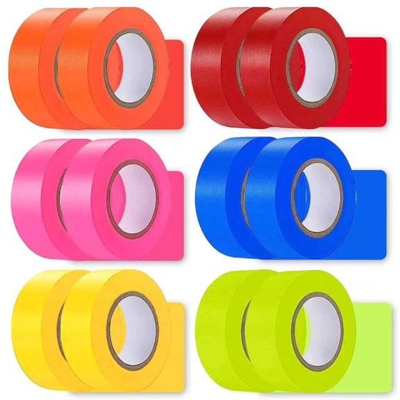 YUNLEISHOP Non-Adhesive Flagging Tape, 12 Pack 6 Colors High Visibility PVC Marking Ribbon for Trail Garden Boundary