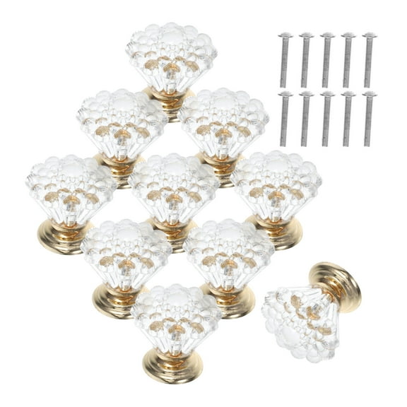 YUNLIGHTS 10Pcs Crystal Cabinet Knobs Golden Acrylic Pulls with Easy Installation