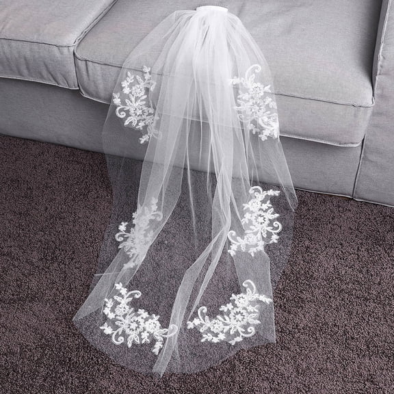 YUNLIGHTS 1Pcs Short Applique Wedding Veil with Lace for Brides Wedding Accessory