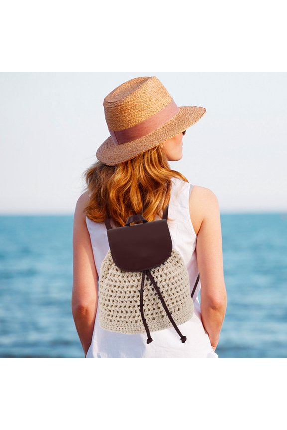 Woven Brown Crochet Backpack with Drawstring Flap and Breathable Design for Travel