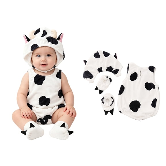 YUNLIUU Baby Toddler Cow Outfits Kids Unisex Cozy Sleeveless Romper Bodysuit with Hat Socks Set Animal Boys Halloween,12-18 Months,White