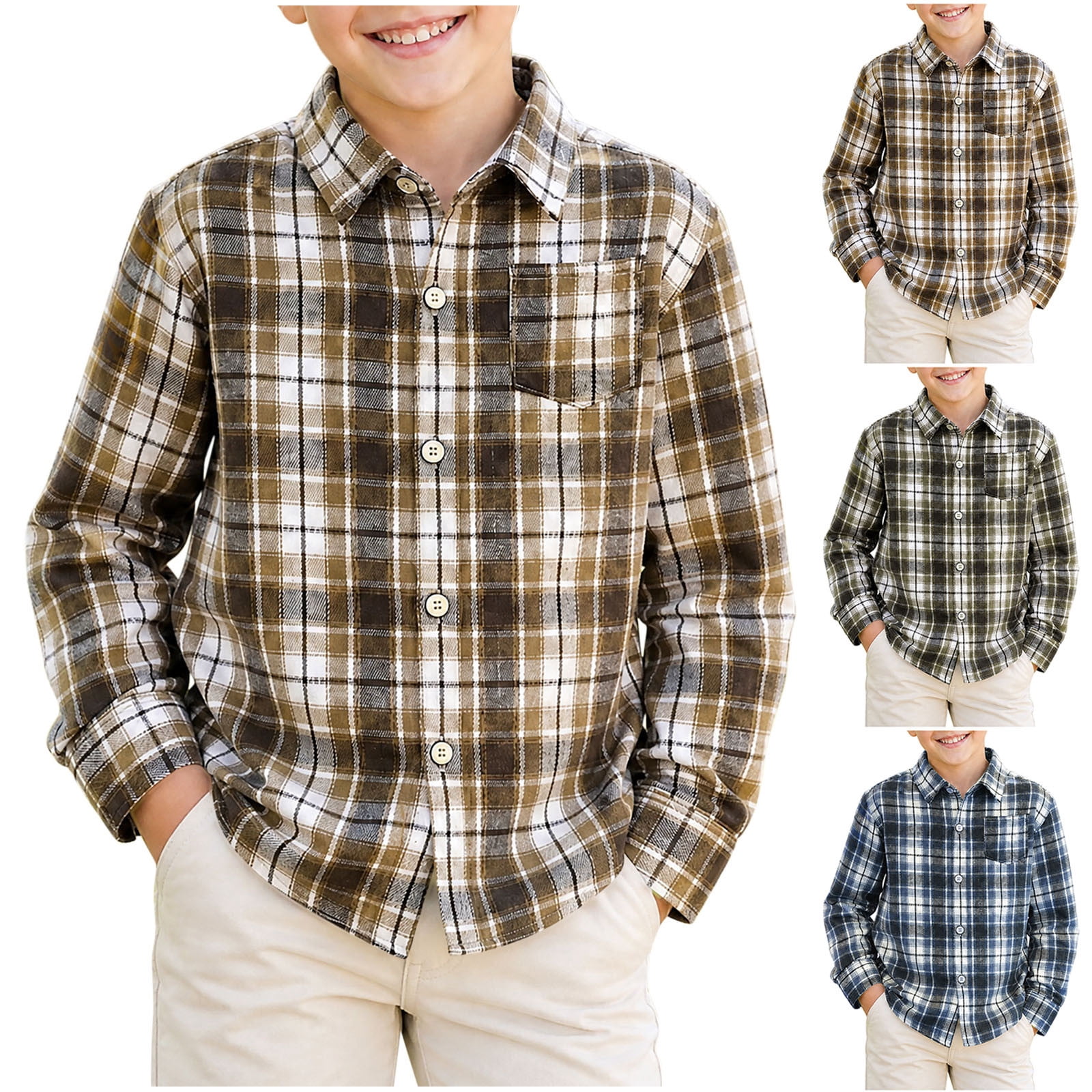 YUNLIUU Boys Button Up Shirt Plaid Print Lapel Long Sleeve School ...