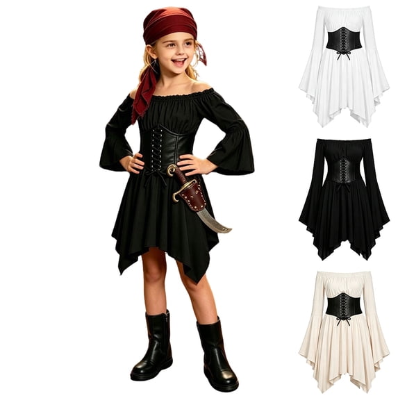 YUNLIUU Girls Off the Shoulder Pirate Dresses with Sash Two Piece Set Halloween Outfits for Girls,4-5 Years,1-Black