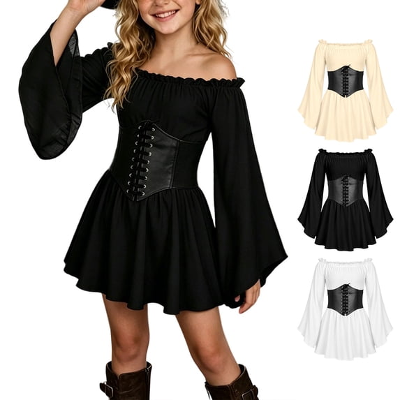 YUNLIUU Girls Off the Shoulder Pirate Dresses with Sash Two Piece Set Halloween Outfits for Girls,4-5 Years,2-Black