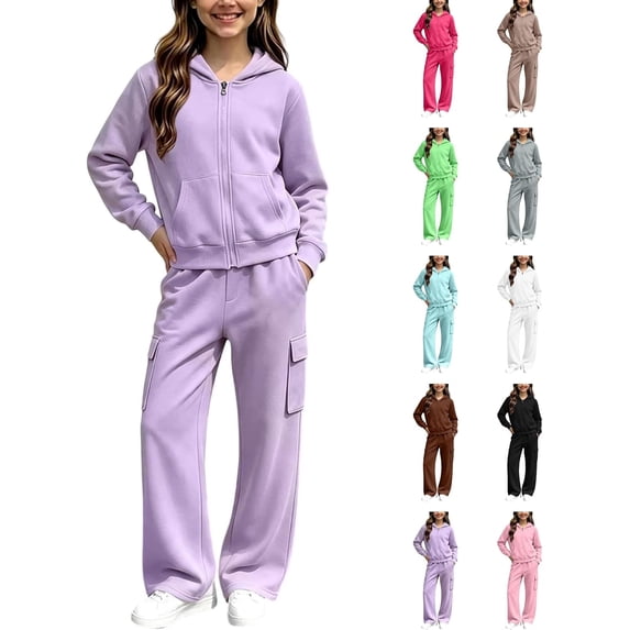YUNLIUU Girls Sweatsuit Fall Winter Kid Zip Up Hoodie And Cargo Sweatpants Set,120=5-6Years,Purple_01