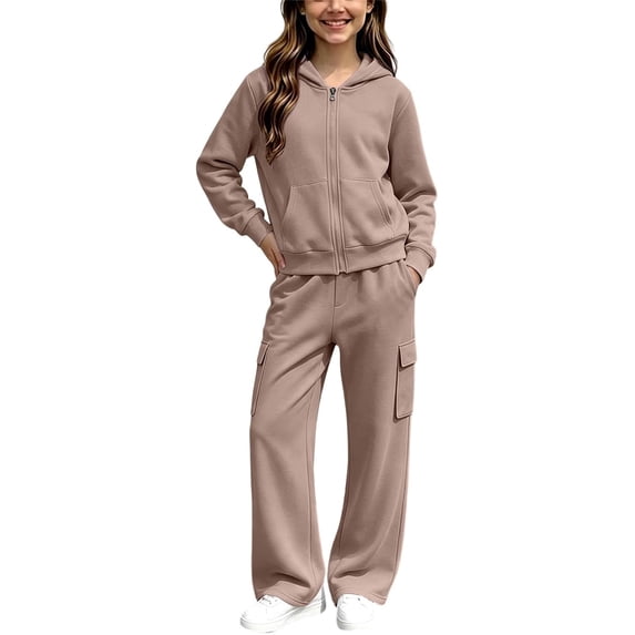 YUNLIUU Girls Sweatsuit Fall Winter Kid Zip Up Hoodie And Cargo Sweatpants Set,130=7-8Years,Khaki_01