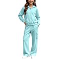 thumbnail image 1 of YUNLIUU Girls Sweatsuit Fall Winter Kid Zip Up Hoodie And Cargo Sweatpants Set,130=7-8Years,Mint Green_01, 1 of 4