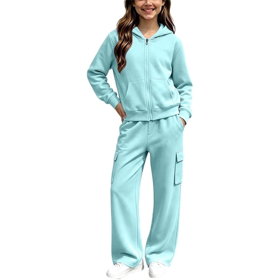 YUNLIUU Girls Sweatsuit Fall Winter Kid Zip Up Hoodie And Cargo Sweatpants Set,130=7-8Years,Mint Green_01