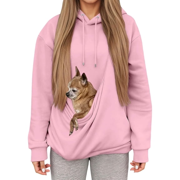 YUNLIUU Hoodie with Cat Dog Pouch For Women Oversized Casual Pet Carrier Kangaroo Pocket Fuzzy Kitten Puppy Holder Hoodies,3X-Large,B Pink