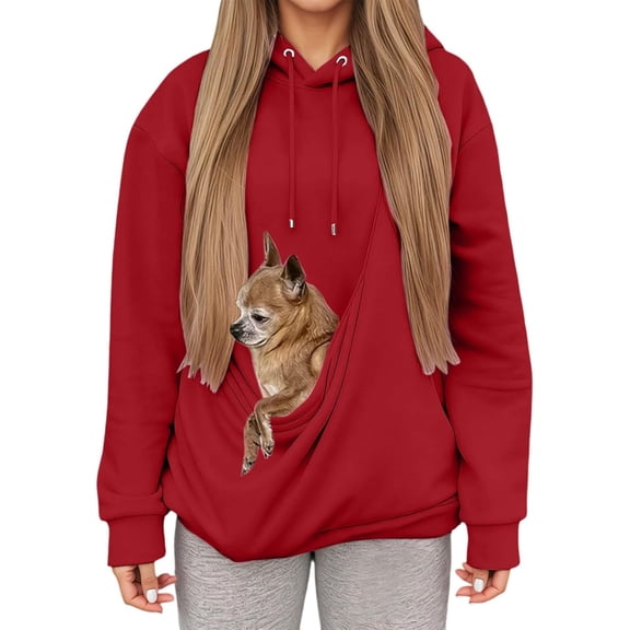 YUNLIUU Hoodie with Cat Dog Pouch For Women Oversized Casual Pet Carrier Kangaroo Pocket Fuzzy Kitten Puppy Holder Hoodies,X-Large,B Red