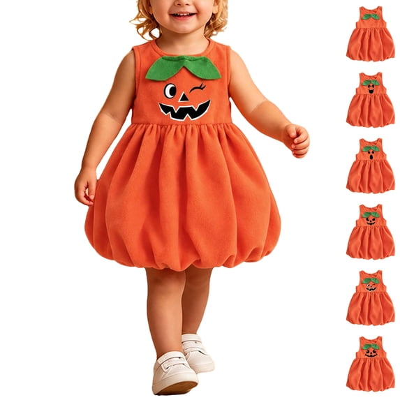 YUNLIUU Toddler Girl Pumpkin Dress Sleeveless Pumpkin Outfit Kids Dress up Halloween,1-2 Years,Orange-3