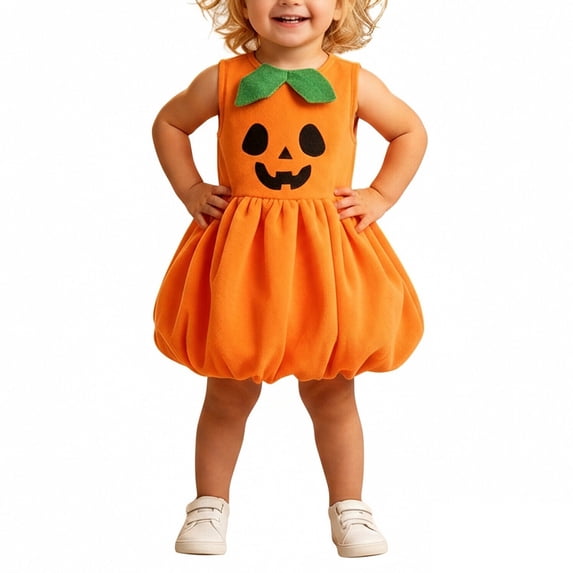 YUNLIUU Toddler Girl Pumpkin Dress Sleeveless Pumpkin Outfit Kids Dress up Halloween,1-2 Years,Orange