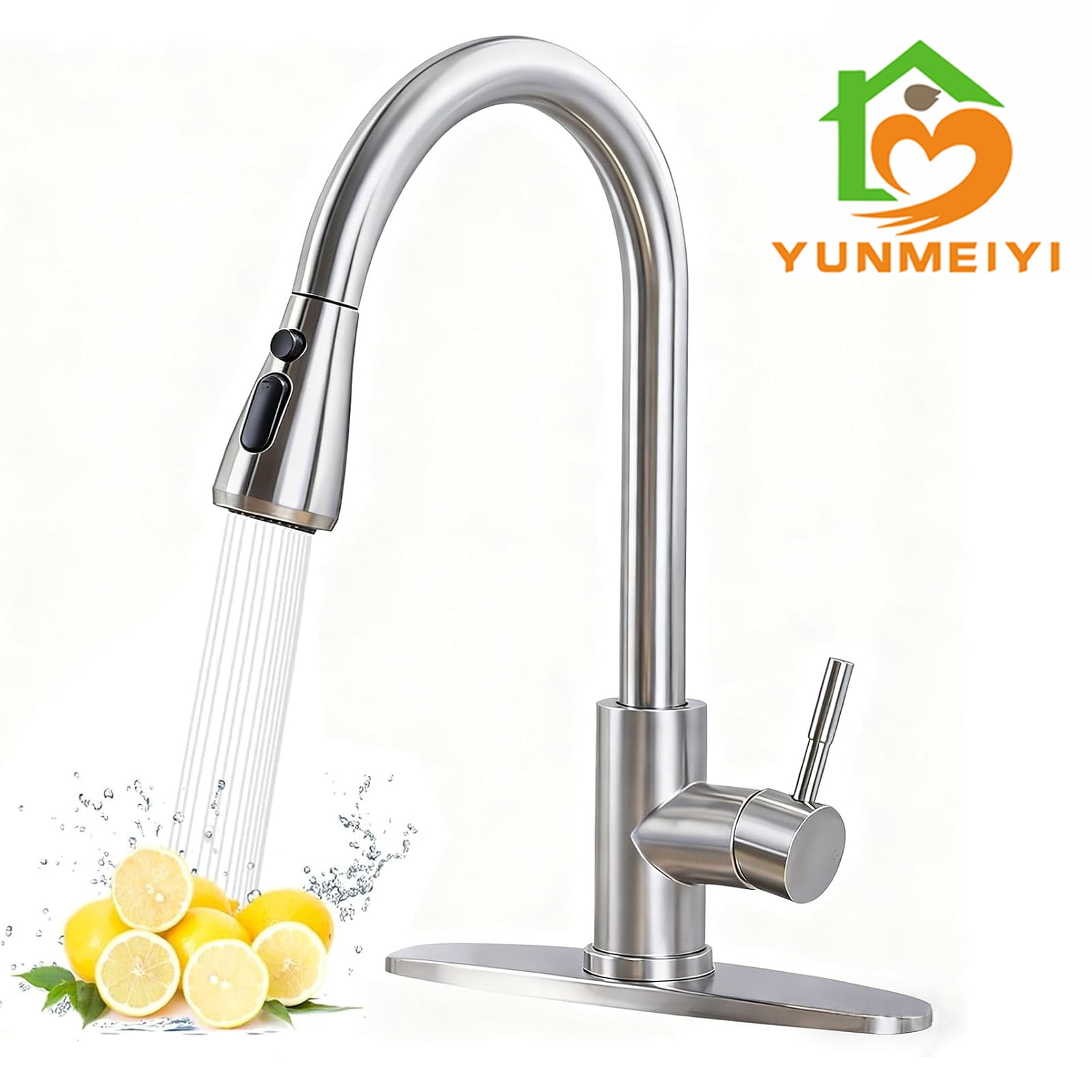 YUNMEIY Kitchen Faucet with Pull Down Sprayer,Brushed Nickel Kitchen Sink Faucet 1-3 Hole Single Handle High Arc Stainless Steel Commercial Modern Kitchen Faucets for RV,Laundry,Bar,Utility,Farmhouse