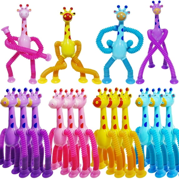 YUNOVA 16 Pack Extendable Giraffe Sensory Toys, Suction Cup Fidget Tubes for Toddler Travel, ADHD Autism Stress Relief Classroom Prizes, Bulk Easter Egg Stuffers & Christmas Gifts