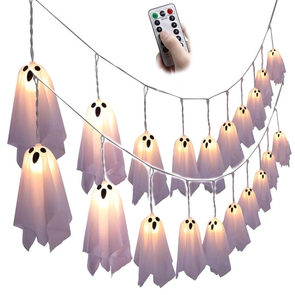 YUNOVA 2 Pack 10 LED Ghost String Lights with Remote, Battery Operated Halloween Lights IP65 Waterproof, 8 Modes Ghost Garland for Indoor Outdoor Party Home Porch Fence Window Halloween Decorations