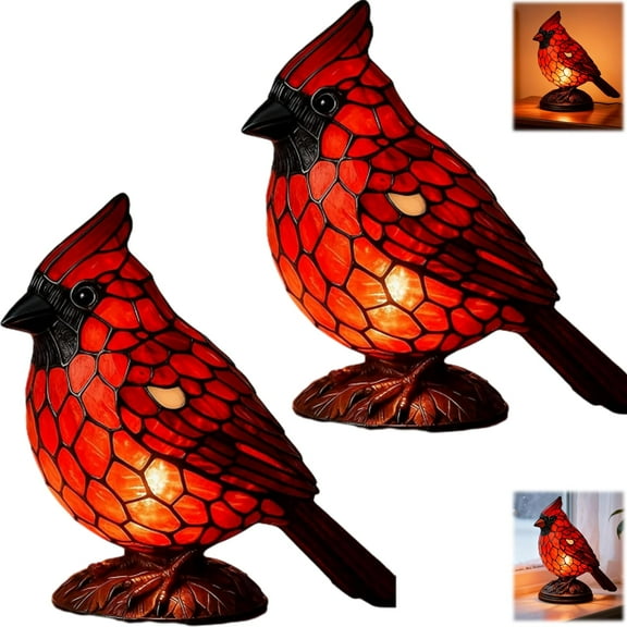YUNOVA 2 Pack Cardinal Lamps Set, Stained Glass Red Bird Table Lights, Handmade Memorial Decor with Warm LED, Christmas Home Office Desk Decorations
