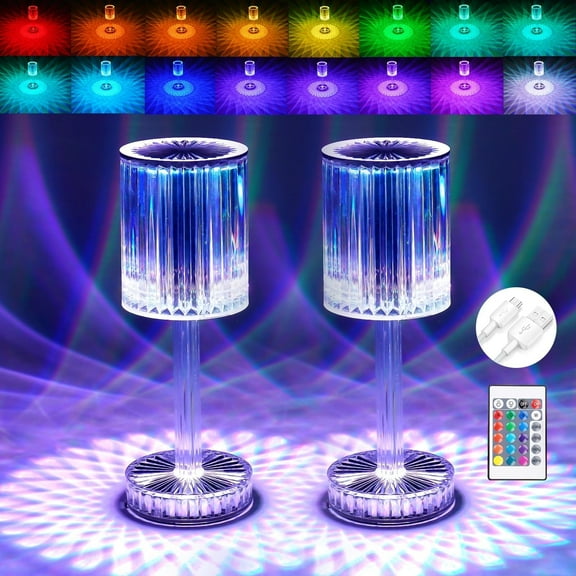 YUNOVA 2 Pack Crystal Table Lamp 16 Color Changing Touch Crystal Lamp, 3D Diamond Acrylic Cordless Table Lamp with Remote Control Bedside Nightstand Lamp for Living Room Bedroom Wedding Decorations