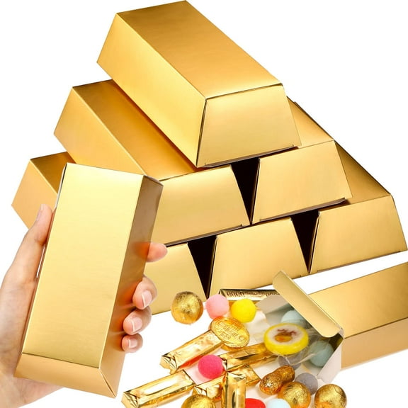 YUNOVA 30 Pack Gold Bar Party Favor Boxes – 5.5 × 3.2 in Foil Treasure Brick Treat Boxes for Pirate & Casino Theme Parties, Candy, Chocolate & Gift Boxes