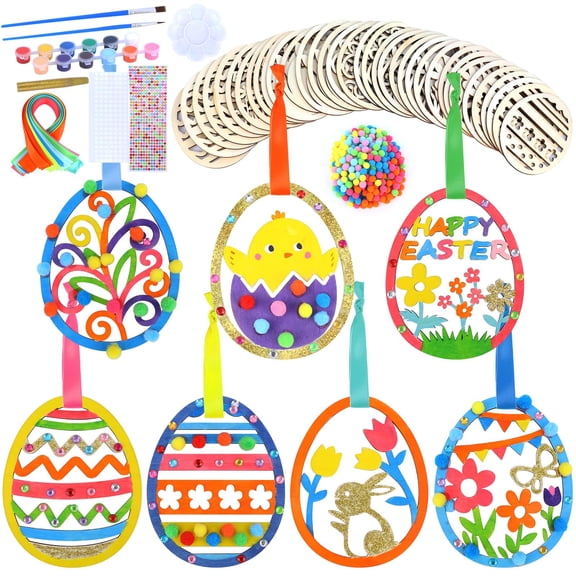 YUNOVA 35PCS Easter Wooden Ornaments to Paint, DIY Wood Egg Craft Kit with 12 Paints, Brushes, Pom Poms, Rhinestones, Easter Decorations for Kids, Spring Party Activities, DIY Gift Making
