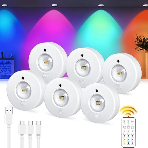 YUNOVA 6 Pack Wireless Under Cabinet Lighting, Rechargeable RGB LED Puck Lights with Remote, Battery Operated Dimmable Stick-On Lights for Kitchen, Closet, Display Shelf, Cupboard, Timer Control