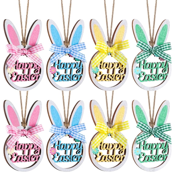 YUNOVA 8 Pack Wooden Easter Ornaments, Bunny Rabbit Hanging Decor Set with Colorful Plaid Bows, Bulk Easter Tree & Home Decorations for Spring, Party Favors, Gifts