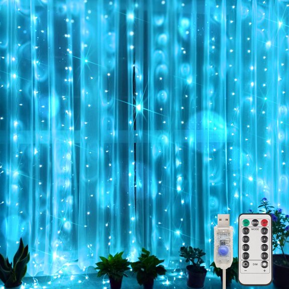 YUNOVA Aqua Blue Curtain Lights, 200 LED Curtain Lights with Remote Control, 8 Modes, IP44 Waterproof for Christmas, Bedroom, Party