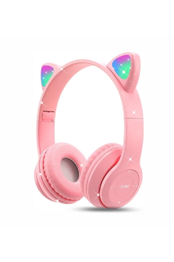 Cat Ear Headphones with LED Lights, Wireless Bluetooth 5.0 & Wired Over-Ear Headset, Built-in Mic/Mute Button, Foldable Design, Comfortable for Kids/Teens/Adults - School, Travel, Gaming