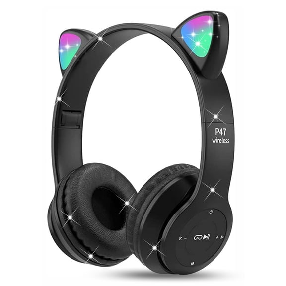 YUNOVA Cat Ear Headphones with LED Lights, Wireless Bluetooth 5.0 & Wired Over-Ear Headset, Built-in Mic/Mute Button, Foldable Design, Comfortable for Kids/Teens/Adults - School, Travel, Gaming