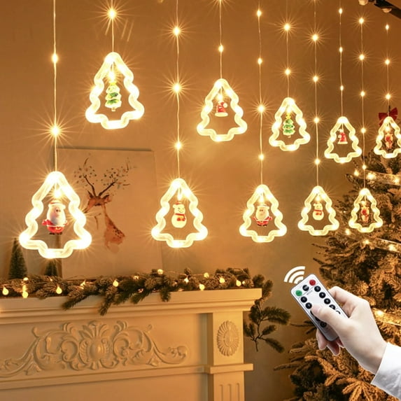 YUNOVA Christmas String Window Curtain Lights, 9.8Ft LED Decorative Santa Ring Light with Remote, Battery Powered 8 Modes Waterproof for Indoor Outdoor Xmas Tree Window Bedroom Decorations