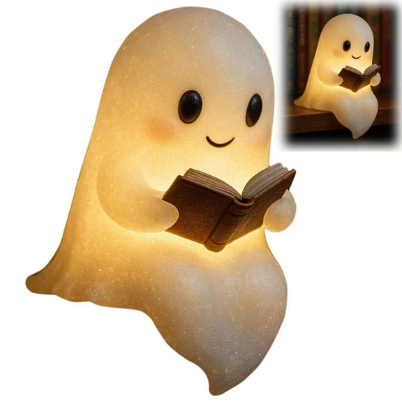 YUNOVA Cute Ghost Reading Book Lamp, 3D Resin LED Night Light for Halloween & Home Decor, Warm Lighted Figurine for Bedroom, Shelf, Party Ambiance