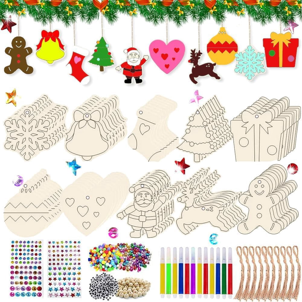 YUNOVA DIY Christmas Wood Ornaments Painting Kit for Kids - 70PCS Blank Wooden Shapes with Watercolor Pens, Strings, Eyes for Tree Decorations, Holiday Crafts