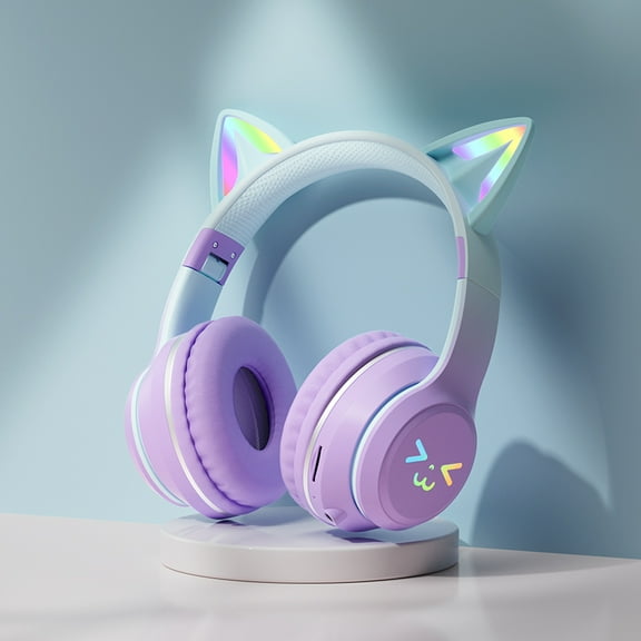 YUNOVA Foldable Cat Ear Wireless Bluetooth Headphones with LED Breathing Lights, Compatible with iPhone iPad Android Smartphones Tablets, Ideal for Kids Study, Online Classes, Back to School Gifts