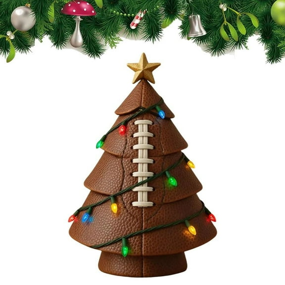 YUNOVA Football Christmas Tree Decor with LED Lights, Sports Themed Holiday Decor with Gold Star, NFL Fan Gift, Christmas Table Decorations for Indoor Desk, Mantel