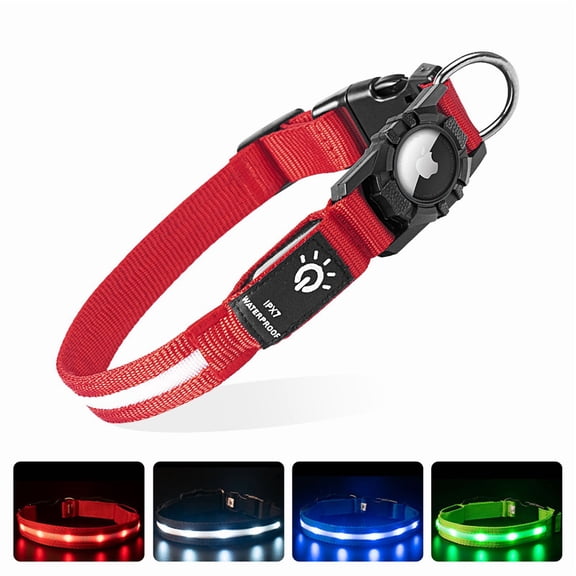 YUNOVA IPX7 Waterproof LED Light Up Dog Collar, Type-C Rechargeable Glowing Pet Collar with AirTag Holder, Compatible with Apple AirTag, 3 Modes for Night Safety