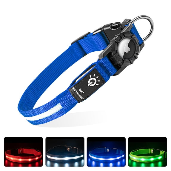 YUNOVA IPX7 Waterproof LED Light Up Dog Collar, Type-C Rechargeable Glowing Pet Collar with AirTag Holder, Compatible with Apple AirTag, 3 Modes for Night Safety