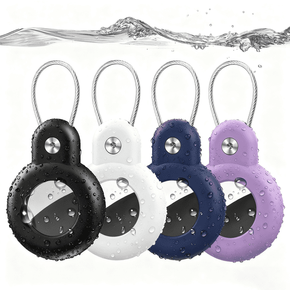 YUNOVA IPX8 Waterproof AirTag Case Holder, 4 Pack with Anti-Loss Metal Keychain Cable, Shockproof Protective Cover with Precision Lock for Apple AirTag, Compatible with Keys, Luggage, Backpacks, Pets