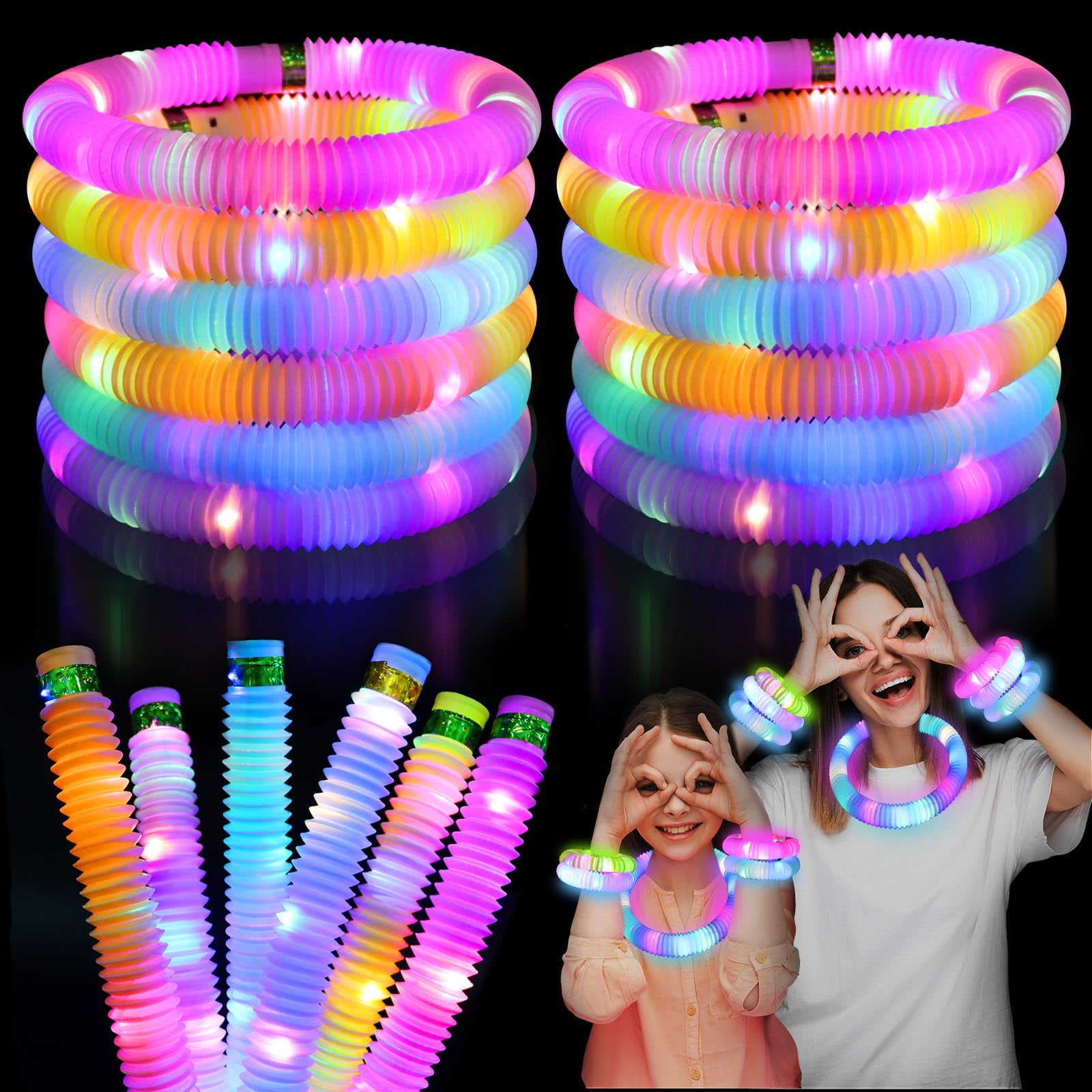 YUNOVA Light Up Pop Tubes Party Pack (24 Count) - Extra Large Glow Sticks for Night Events, Bulk Sensory Toys for Kids Ages 4-12, Birthday Return Gifts & Campfire Party Decor Supplies
