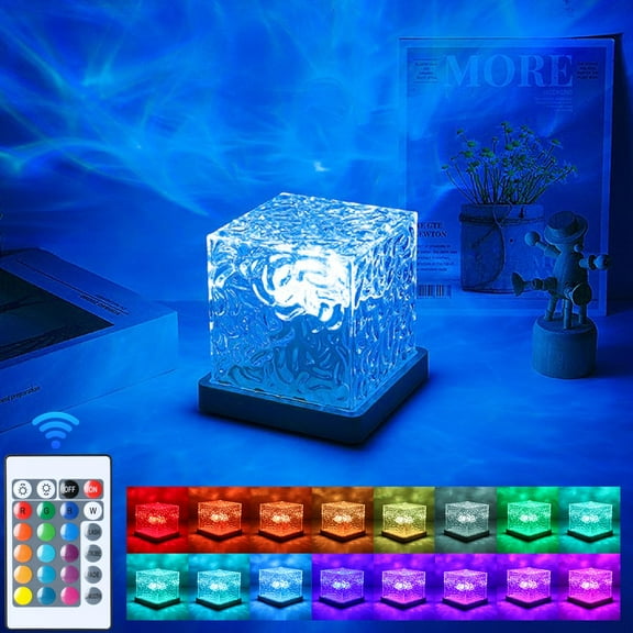 YUNOVA Plug-in Ocean Wave Projector Lamp with 16 Colors Dynamic Ripple Effect, Crystal & Wood Night Light for Bedroom Decor, USB-Powered Northern Lights Cube Aurora Lamp